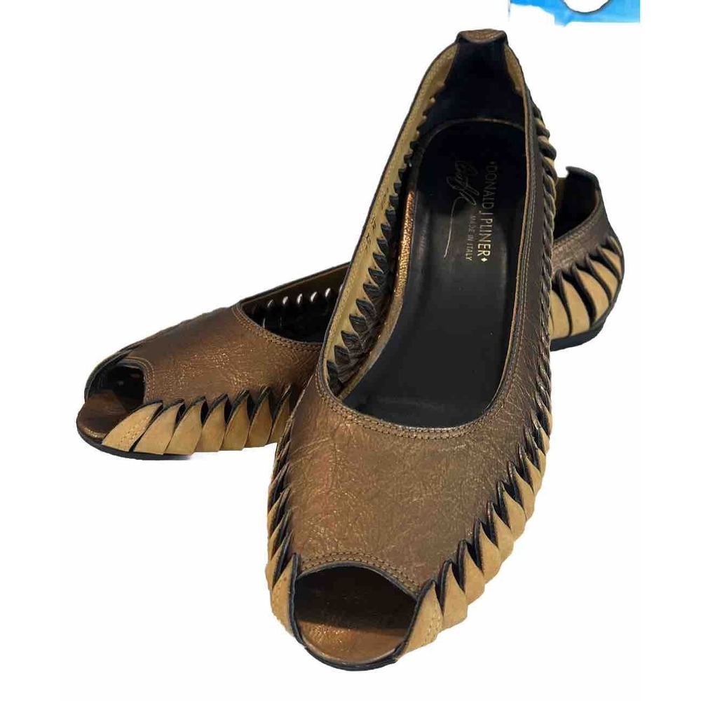 Donald J. Pliner Eda Yellow And Bronze Leather Twisted Woven Open Toe Flats 7.5